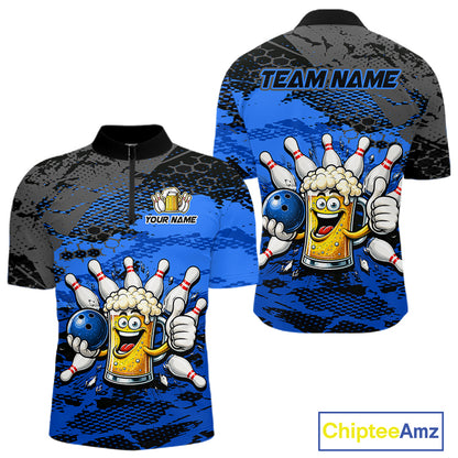 Blue Funny Beer Bowling Shirts for Men Bowling Team Jersey for Bowlers Polo & 1/4 Zip Shirt HNT527