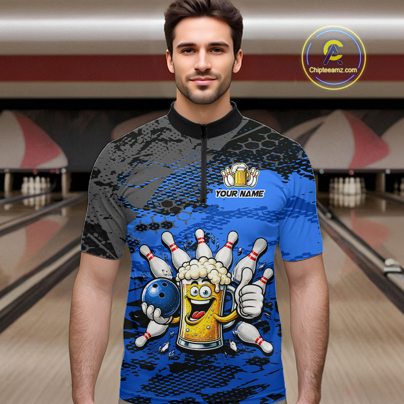 Blue Funny Beer Bowling Shirts for Men Bowling Team Jersey for Bowlers Polo & 1/4 Zip Shirt HNT527