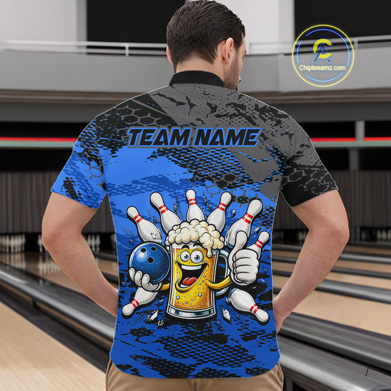 Blue Funny Beer Bowling Shirts for Men Bowling Team Jersey for Bowlers Polo & 1/4 Zip Shirt HNT527