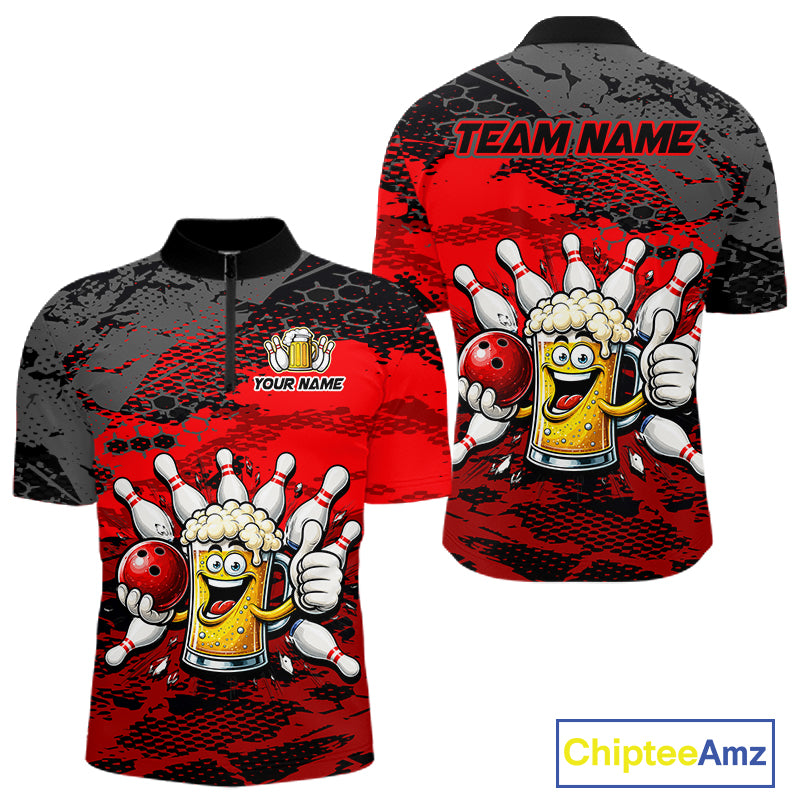 Red Funny Beer Bowling Shirts for Men Bowling Team Jersey for Bowlers Polo & 1/4 Zip Shirt HNT527