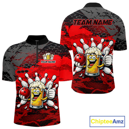 Red Funny Beer Bowling Shirts for Men Bowling Team Jersey for Bowlers Polo & 1/4 Zip Shirt HNT527