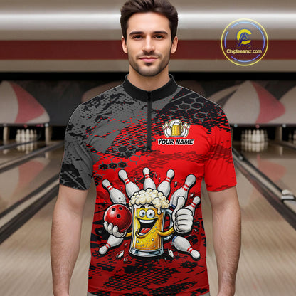 Red Funny Beer Bowling Shirts for Men Bowling Team Jersey for Bowlers Polo & 1/4 Zip Shirt HNT527