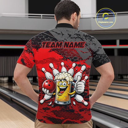Red Funny Beer Bowling Shirts for Men Bowling Team Jersey for Bowlers Polo & 1/4 Zip Shirt HNT527