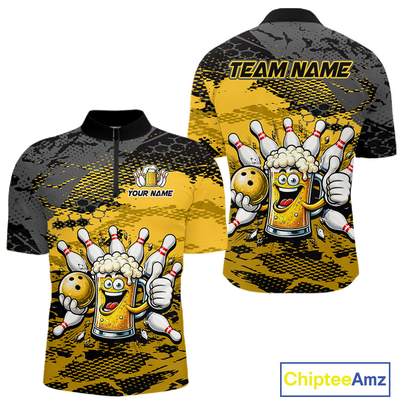 Yellow Funny Beer Bowling Shirts for Men Bowling Team Jersey for Bowlers Polo & 1/4 Zip Shirt HNT527