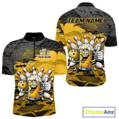 Yellow Funny Beer Bowling Shirts for Men Bowling Team Jersey for Bowlers Polo & 1/4 Zip Shirt HNT527