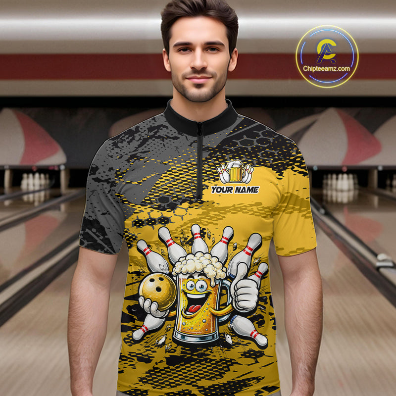 Yellow Funny Beer Bowling Shirts for Men Bowling Team Jersey for Bowlers Polo & 1/4 Zip Shirt HNT527