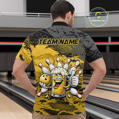 Yellow Funny Beer Bowling Shirts for Men Bowling Team Jersey for Bowlers Polo & 1/4 Zip Shirt HNT527