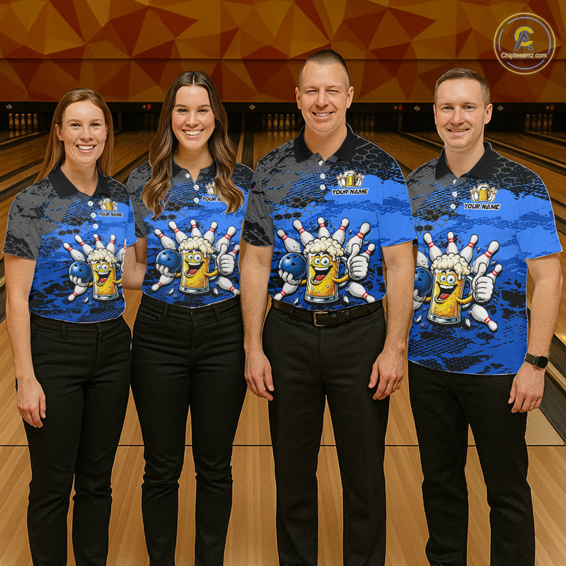Blue Funny Beer Bowling Shirts for Women Bowling Team Jersey for Bowlers Polo & 1/4 Zip Shirt HNT527