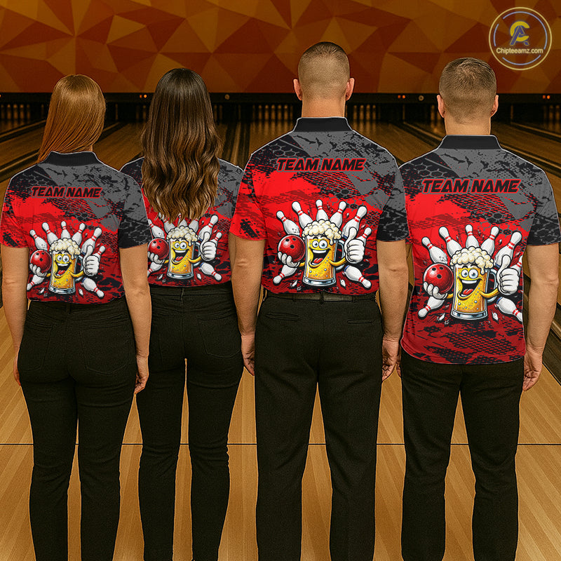 Red Funny Beer Bowling Shirts for Men Bowling Team Jersey for Bowlers Polo & 1/4 Zip Shirt HNT527