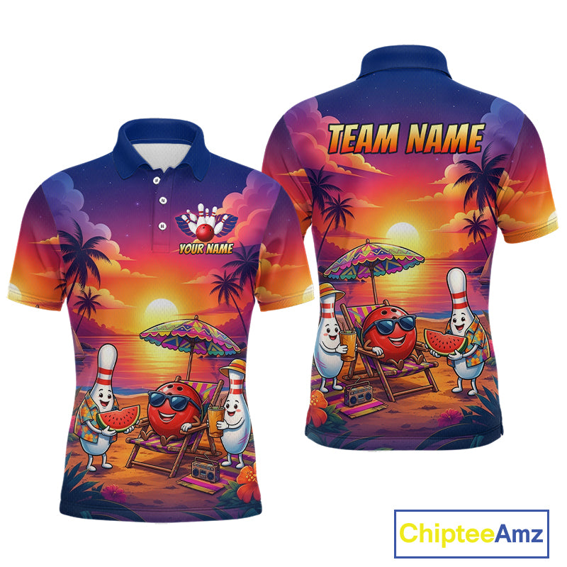 Funny Pins & Ball Sunset Custom Bowling Polo, 1/4 Zip Shirt for Men Bowling Team Shirts HNT526