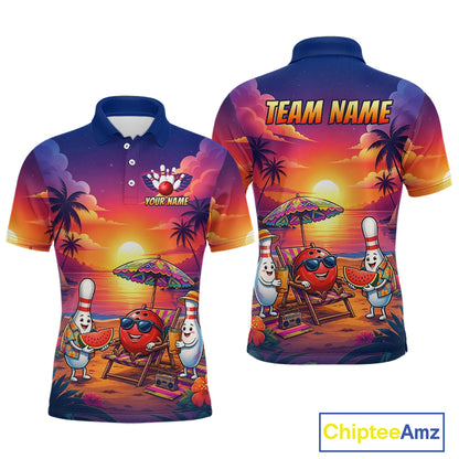 Funny Pins & Ball Sunset Custom Bowling Polo, 1/4 Zip Shirt for Men Bowling Team Shirts HNT526