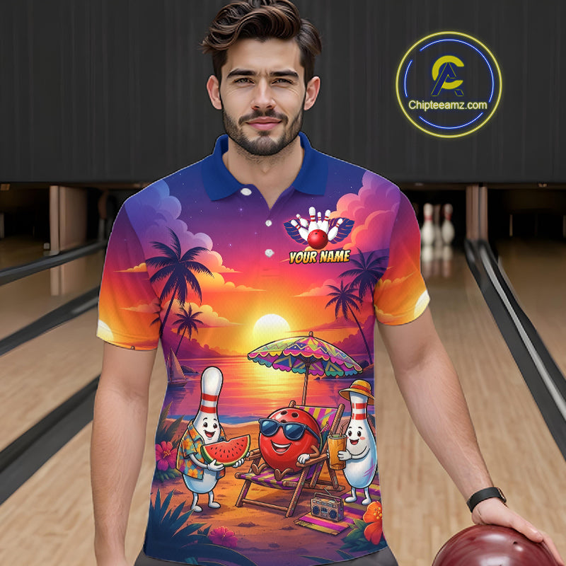 Funny Pins & Ball Sunset Custom Bowling Polo, 1/4 Zip Shirt for Men Bowling Team Shirts HNT526