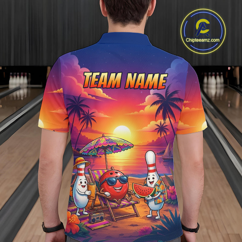 Funny Pins & Ball Sunset Custom Bowling Polo, 1/4 Zip Shirt for Men Bowling Team Shirts HNT526
