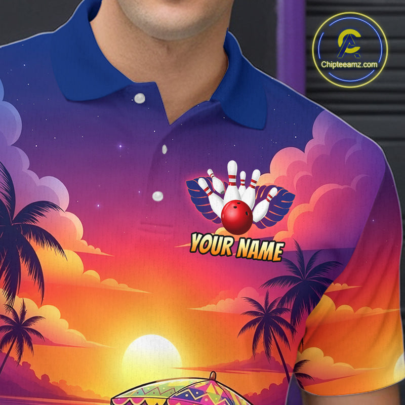 Funny Pins & Ball Sunset Custom Bowling Polo, 1/4 Zip Shirt for Men Bowling Team Shirts HNT526