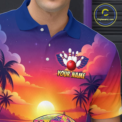 Funny Pins & Ball Sunset Custom Bowling Polo, 1/4 Zip Shirt for Men Bowling Team Shirts HNT526