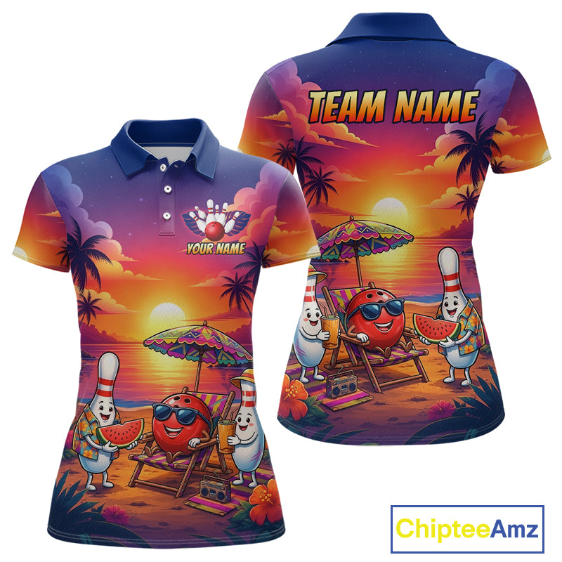 Funny Pins & Ball Sunset Custom Bowling Polo, 1/4 Zip Shirt for Women Bowling Team Shirts HNT526