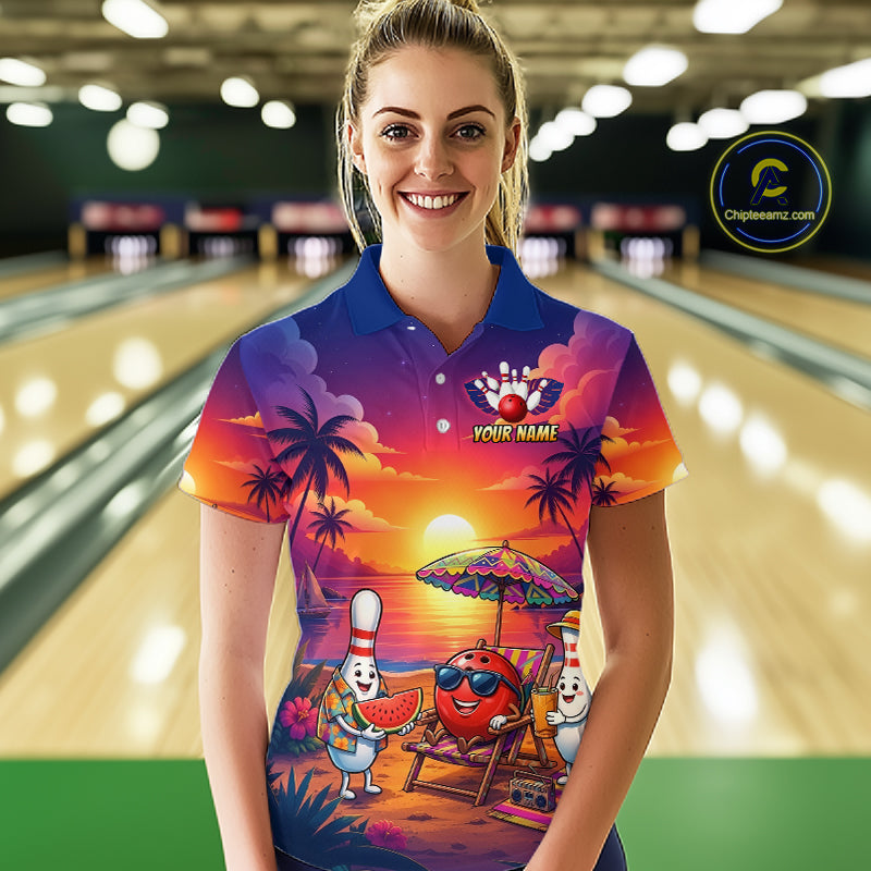 Funny Pins & Ball Sunset Custom Bowling Polo, 1/4 Zip Shirt for Women Bowling Team Shirts HNT526