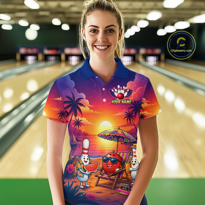 Funny Pins & Ball Sunset Custom Bowling Polo, 1/4 Zip Shirt for Women Bowling Team Shirts HNT526