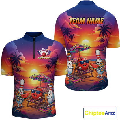 Funny Pins & Ball Sunset Custom Bowling Polo, 1/4 Zip Shirt for Men Bowling Team Shirts HNT526