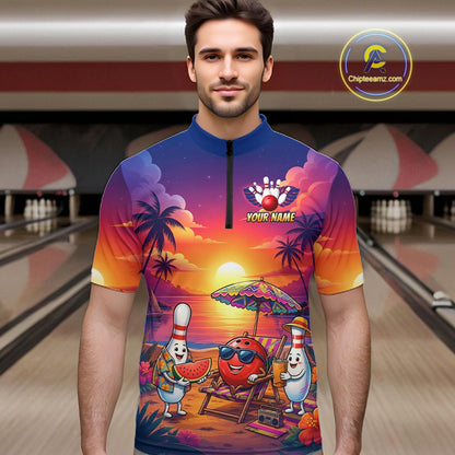 Funny Pins & Ball Sunset Custom Bowling Polo, 1/4 Zip Shirt for Men Bowling Team Shirts HNT526