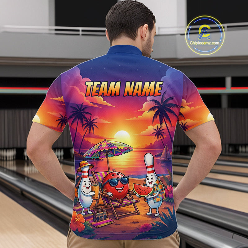 Funny Pins & Ball Sunset Custom Bowling Polo, 1/4 Zip Shirt for Men Bowling Team Shirts HNT526