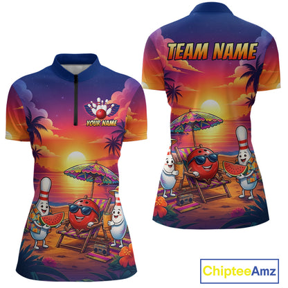 Funny Pins & Ball Sunset Custom Bowling Polo, 1/4 Zip Shirt for Women Bowling Team Shirts HNT526