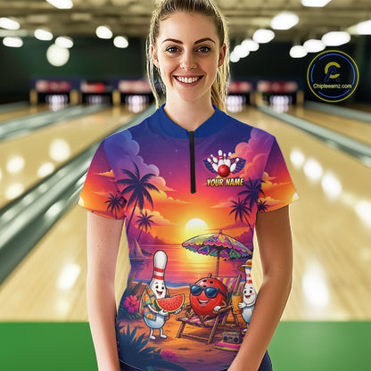 Funny Pins & Ball Sunset Custom Bowling Polo, 1/4 Zip Shirt for Women Bowling Team Shirts HNT526
