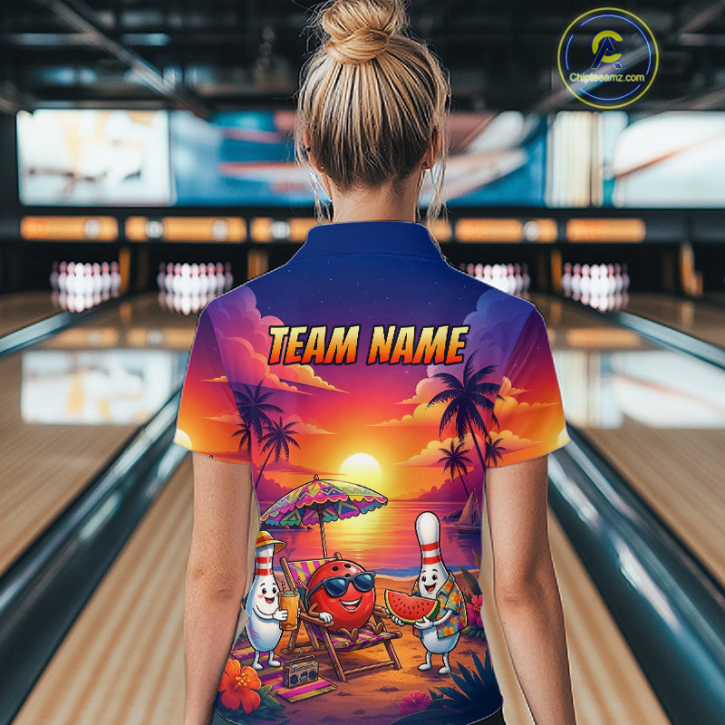 Funny Pins & Ball Sunset Custom Bowling Polo, 1/4 Zip Shirt for Women Bowling Team Shirts HNT526