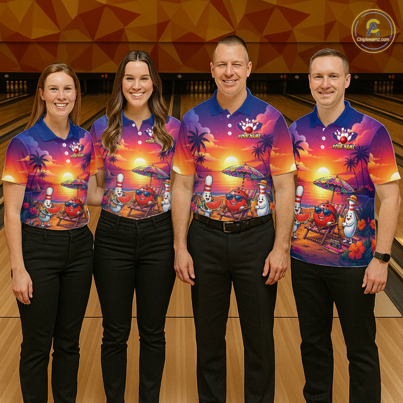 Funny Pins & Ball Sunset Custom Bowling Polo, 1/4 Zip Shirt for Men Bowling Team Shirts HNT526