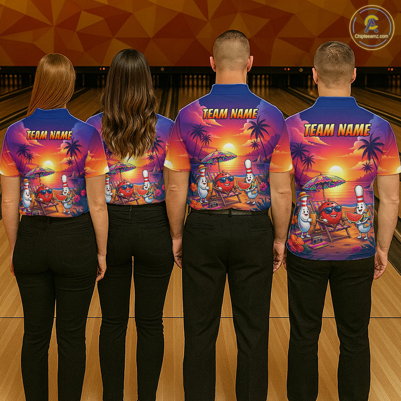 Funny Pins & Ball Sunset Custom Bowling Polo, 1/4 Zip Shirt for Men Bowling Team Shirts HNT526
