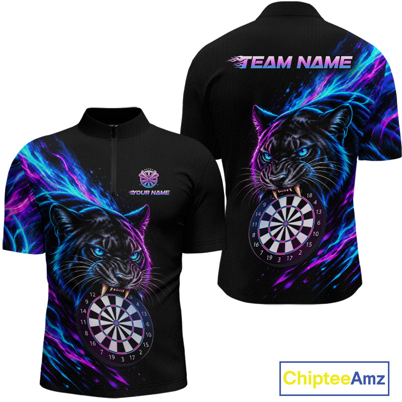 Neon Panther and Dartboard Custom Dart Shirts for Men Dart Team Jerseys Polo & 1/4 Zip NNT371