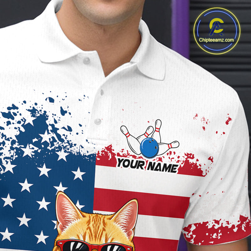 Men’s us flag cat bowling polo shirt with custom name, angled front view showing custom team design 
