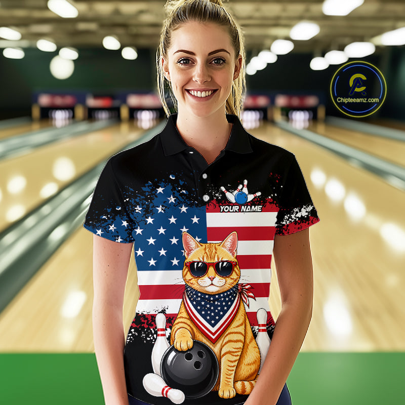 Women’s us flag cat bowling polo shirt, front view on female model in bowling lane 