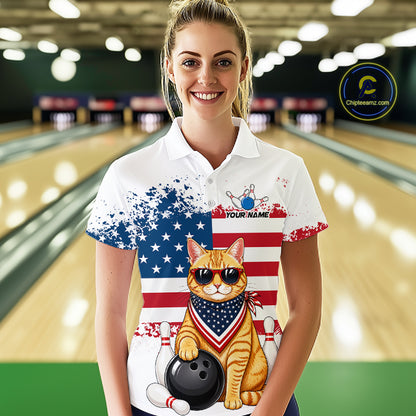 Women’s us flag cat bowling polo shirt, front view on female model in bowling lane 