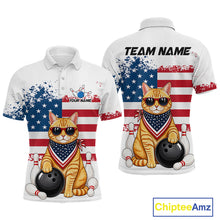 Load image into Gallery viewer, Custom us flag cat bowling jersey for men, personalized team bowling polo shirt front view and back view