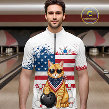 Load image into Gallery viewer, Men’s us flag cat bowling quarter zip shirt, front view on male model in bowling lane 