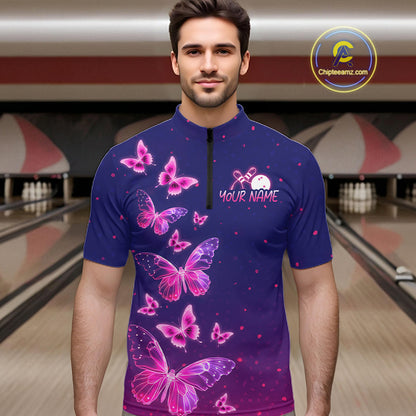 Custom Purple Galaxy Butterflies Bowling Team Shirts Bowling Jersey for Men Bowling League HNT467