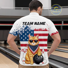 Load image into Gallery viewer, Men’s us flag cat bowling quarter zip shirt, back view on male model in bowling lane 