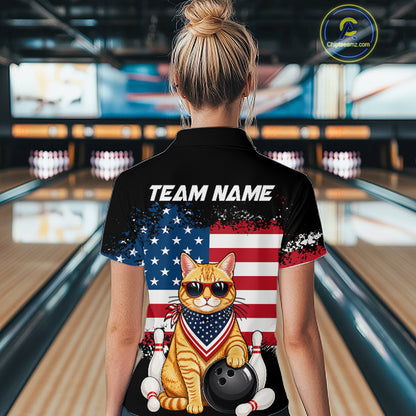 Women’s us flag cat bowling quarter zip shirt, back view on female model in bowling lane 