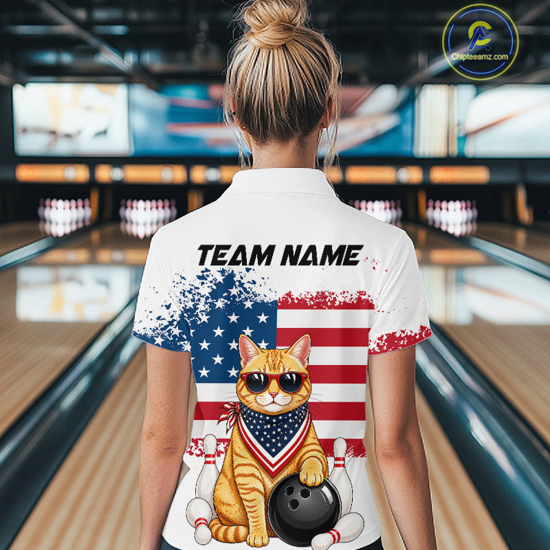 Women’s us flag cat bowling quarter zip shirt, back view on female model in bowling lane 