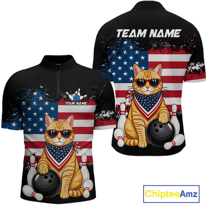 Custom us flag cat bowling jersey for men, personalized team bowling quarter zip shirt front view and back view
