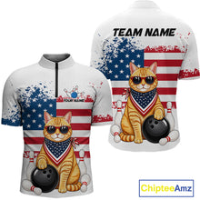 Load image into Gallery viewer, Custom us flag cat bowling jersey for men, personalized team bowling quarter zip shirt front view and back view
