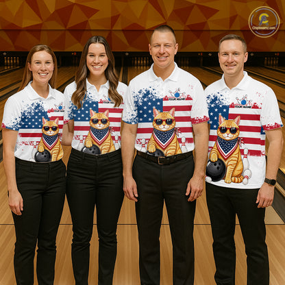 Group of bowlers in us flag cat team shirts, personalized bowling uniforms front view.