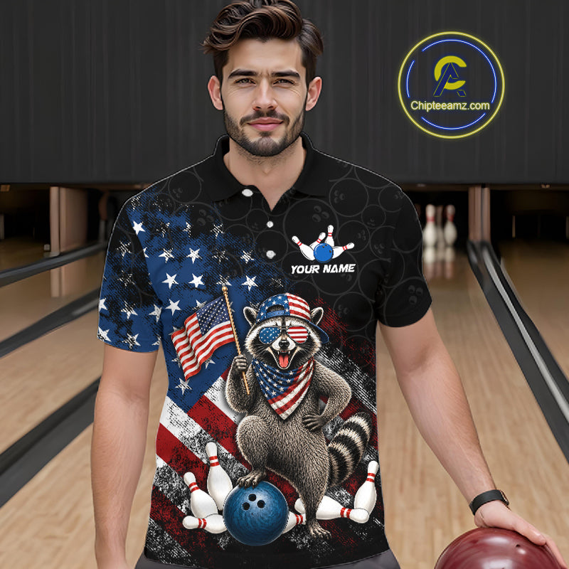 Men’s us flag raccoon bowling polo shirt, front view on male model in bowling lane 