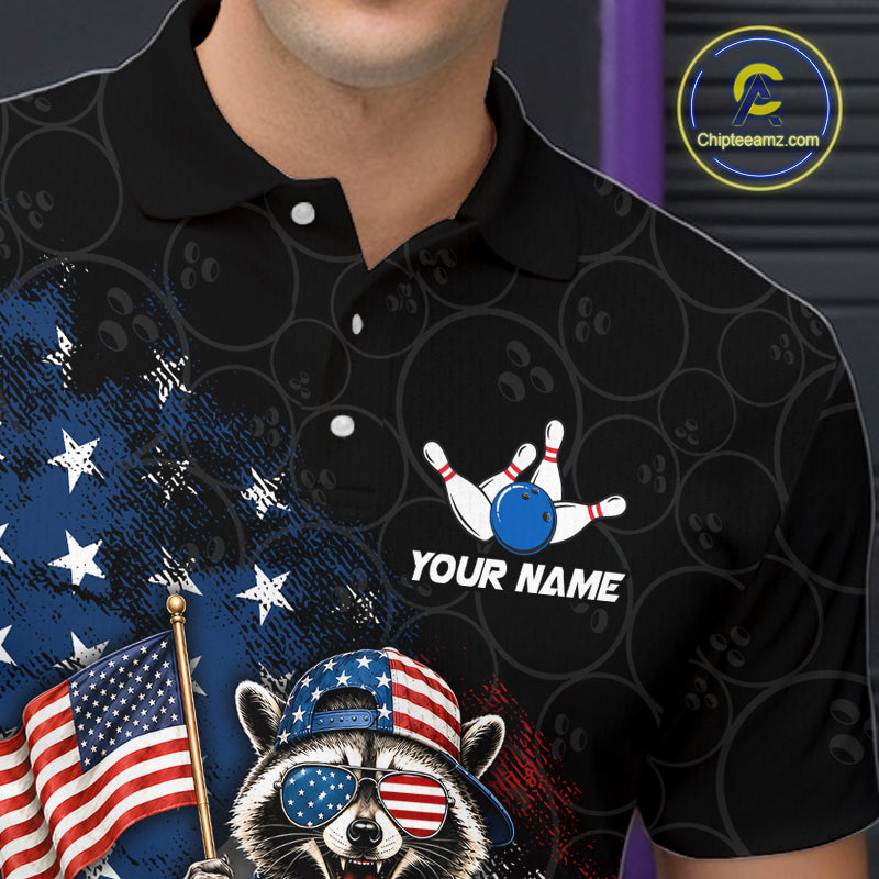 Men’s us flag raccoon bowling polo shirt with custom name, angled front view showing custom team design 
