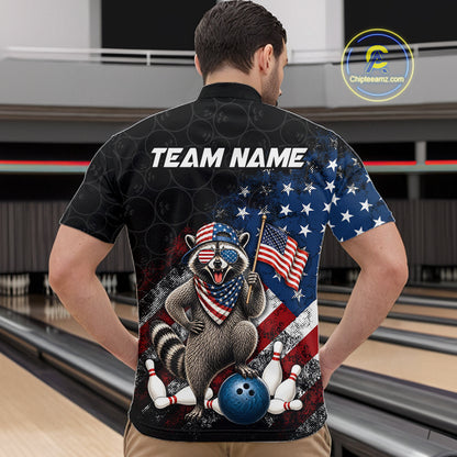 Men’s us flag raccoon bowling quarter zip shirt, back view on male model in bowling lane 