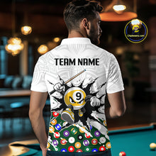 Load image into Gallery viewer, Man wearing a white shirt with pool-themed design and 'TEAM NAME' text, in a pool hall setting.
