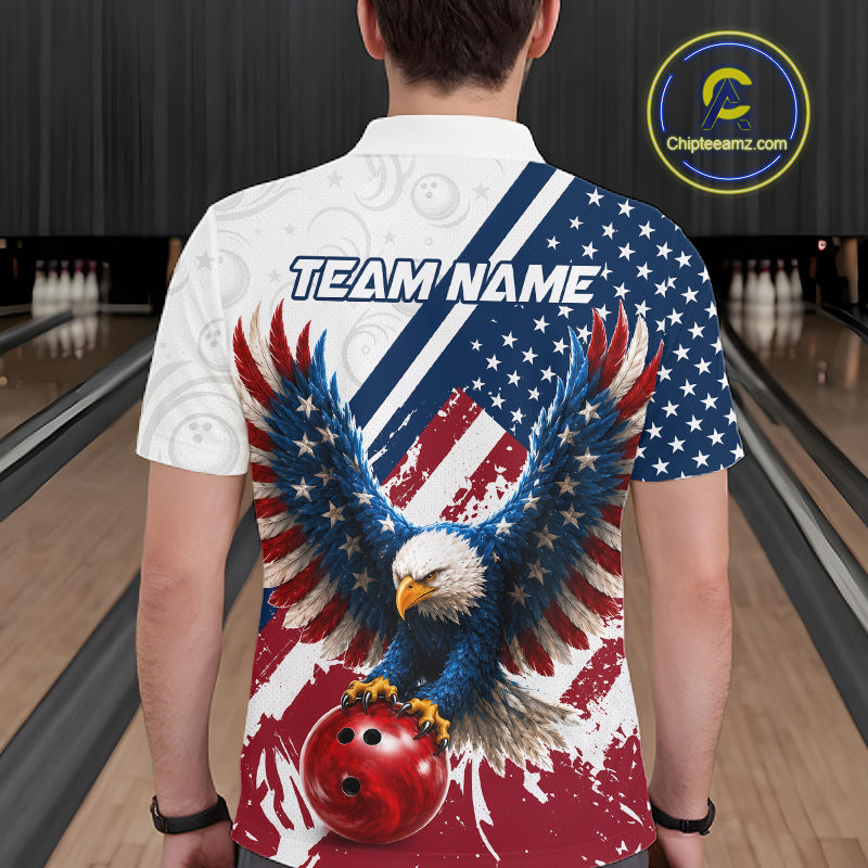A man viewed from behind wearing a short-sleeve bowling shirt with a patriotic American flag design, featuring a bald eagle and bowling ball graphic, with 'TEAM NAME' printed on the back. The background shows bowling lanes, and a 'Chipteamz.
