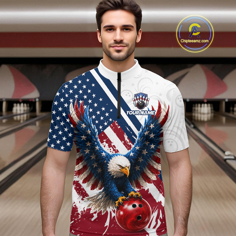 A man wearing a short-sleeve patriotic bowling jersey with an eagle and bowling ball graphic, set against a blurred bowling alley background. A 'ChipteeAmz'.