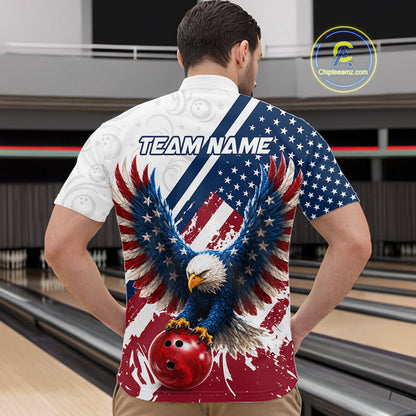 A man viewed from behind wearing a custom bowling shirt with a patriotic eagle design, featuring a bald eagle holding a red bowling ball over an American flag pattern with the text 'TEAM NAME' on the back. The background shows a bowling alley.